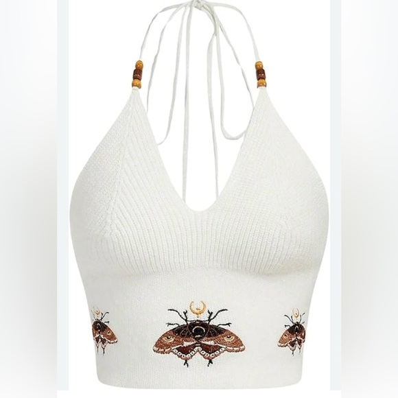 Boho Halter Top With Butterfly/Moth Cottage Festival Indie Retro Embroidered  L - Picture 1 of 5